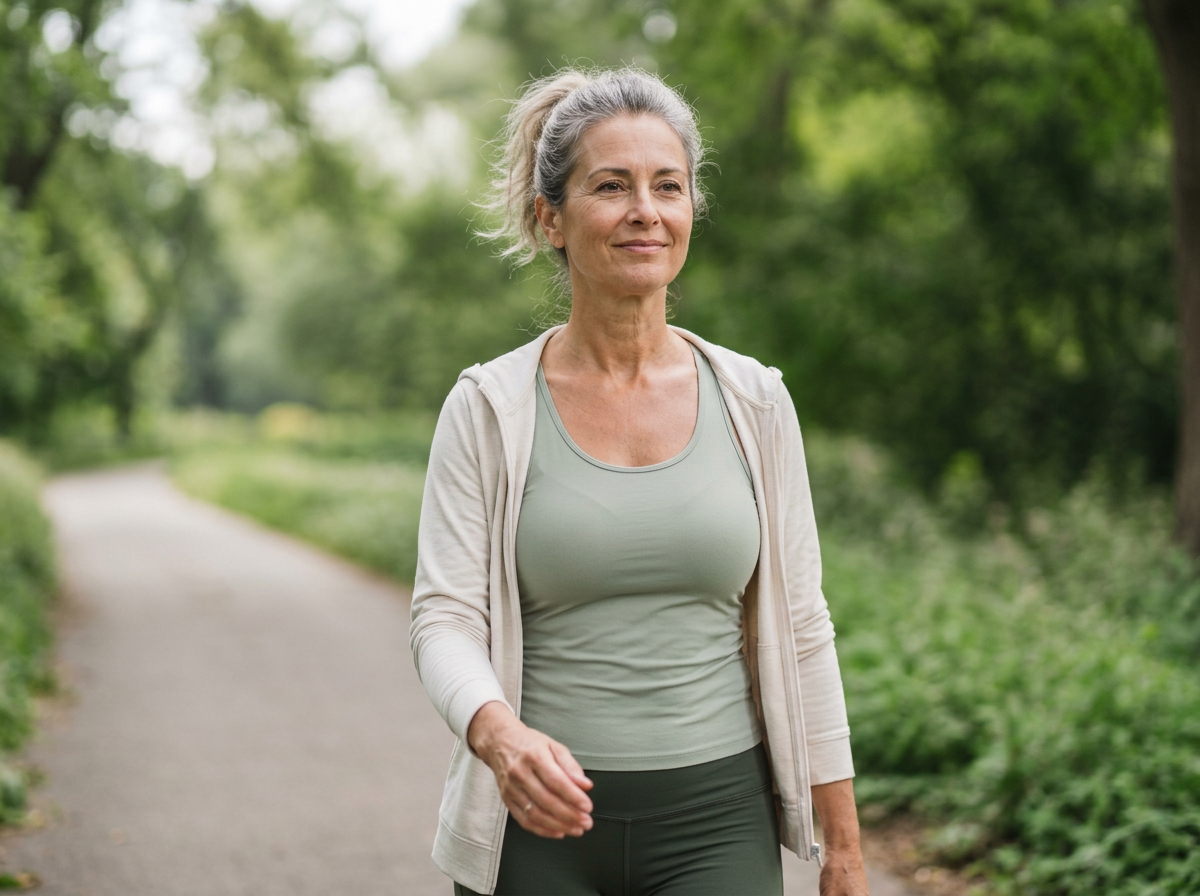 Woman walking outdoors with a relaxed smile, bathed in natural morning light